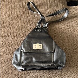 Black Faux Leather Sling Backpack Bag Contrast Stitch Purse